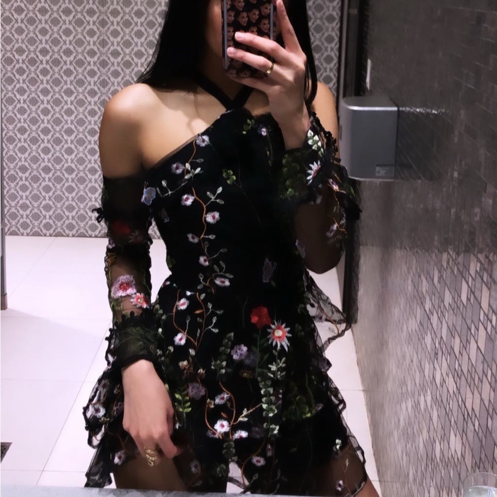 Mendocino Tea & Cup Off Shoulder Embroidered Floral Ruffle Mini Dress
